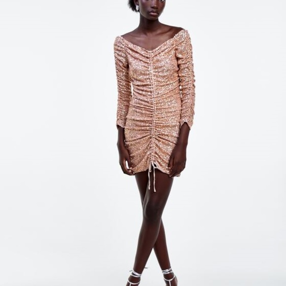 Zara Dresses & Skirts - Zara Draped Sequin Dress (Salmon Color)